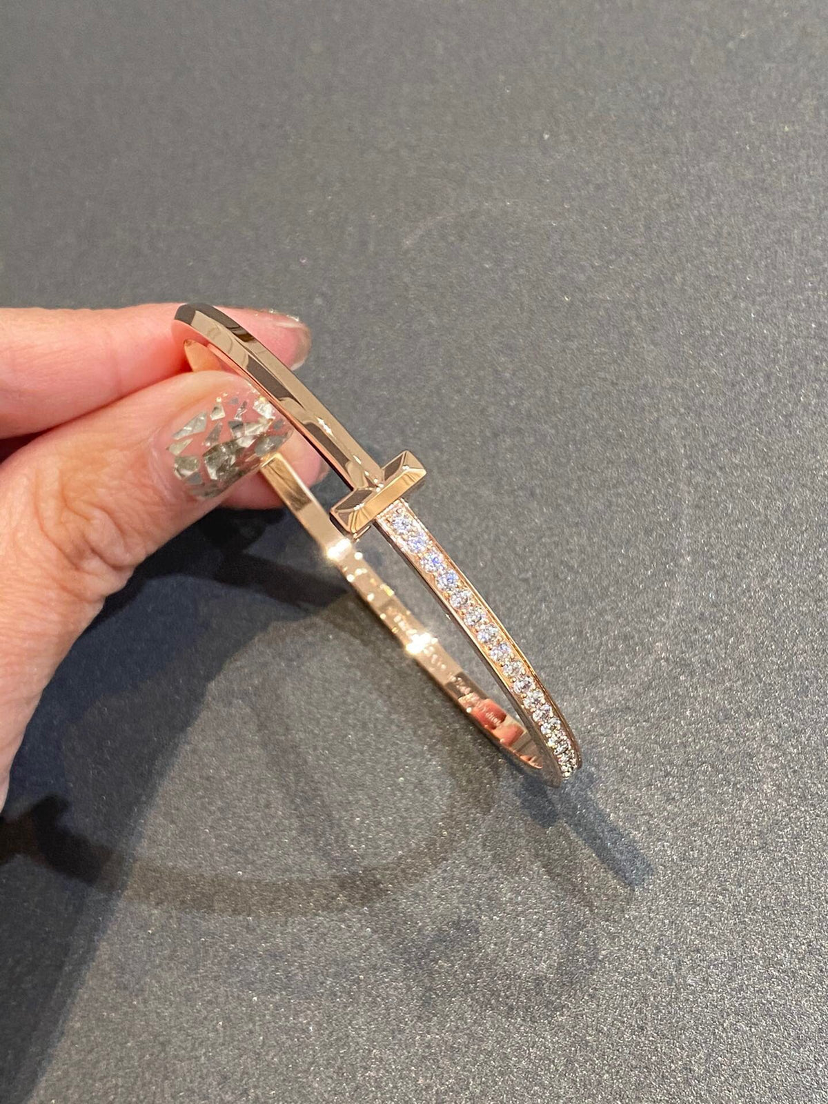 [Renovia Jewelry]NARROW T1 HINGED BANGLE DIAMOND PINK GOLD