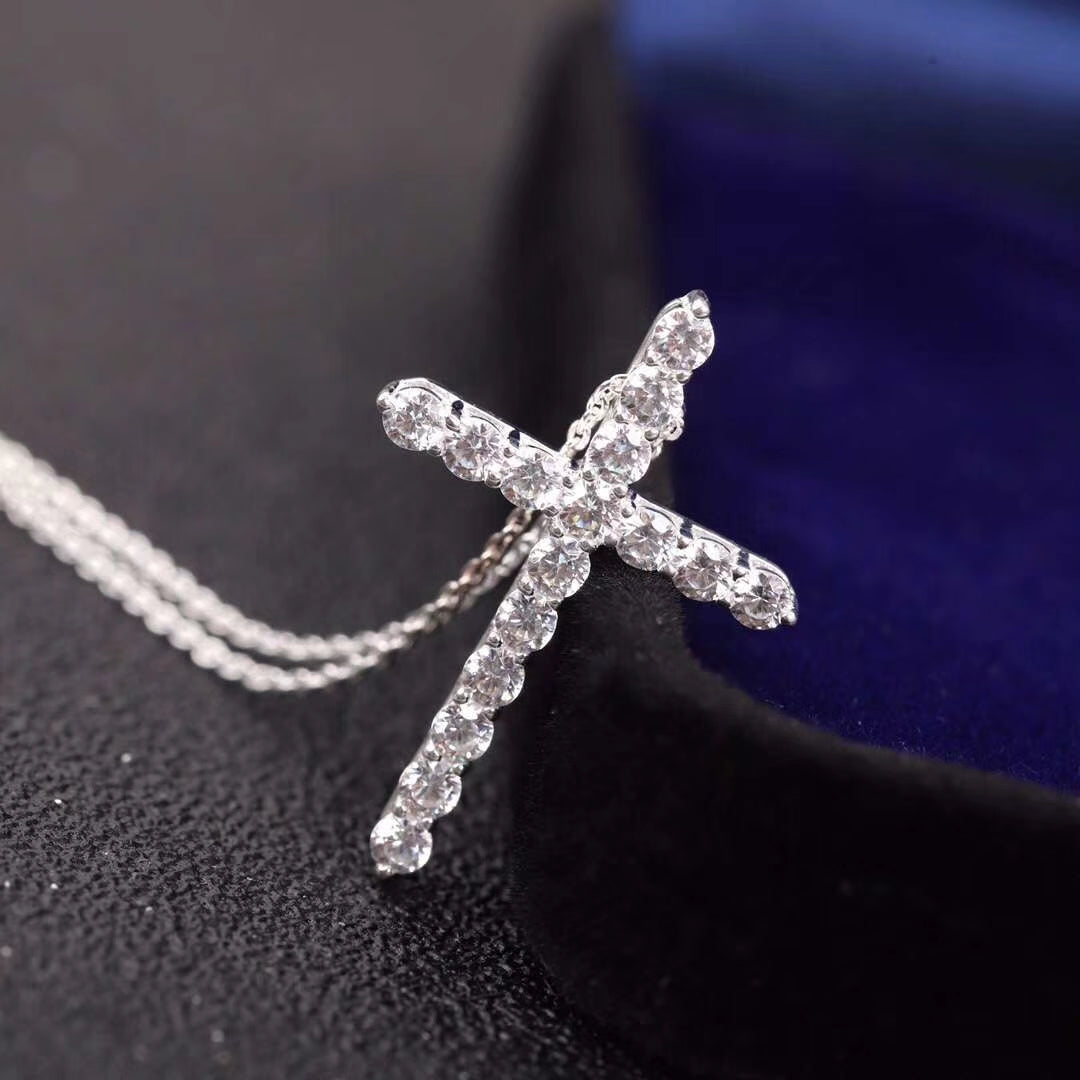 [Renovia Jewelry]MOISSANITE STONE CROSS PENDANT NECKLACE SIMULATED DIAMOND CROSS CHOKER