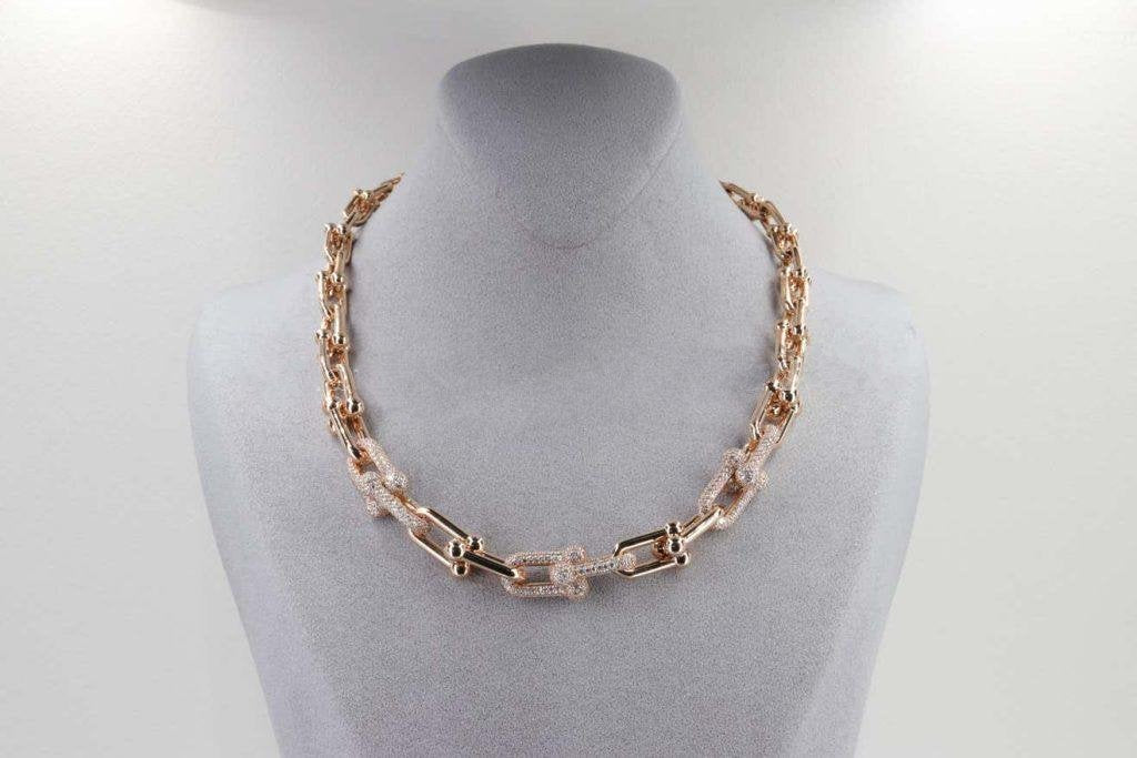 [Renovia Jewelry]HARDWEAR GRADUATED LINK NECKLACE ROSE GOLD WITH PAVE DIAMONDS